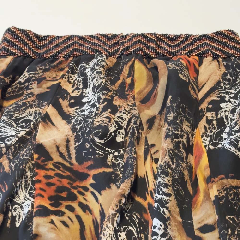 Sandy Starkman Animal Print Maxi Skirt Beaded Waistband Orange Brown Large Boho - Picture 2 of 11